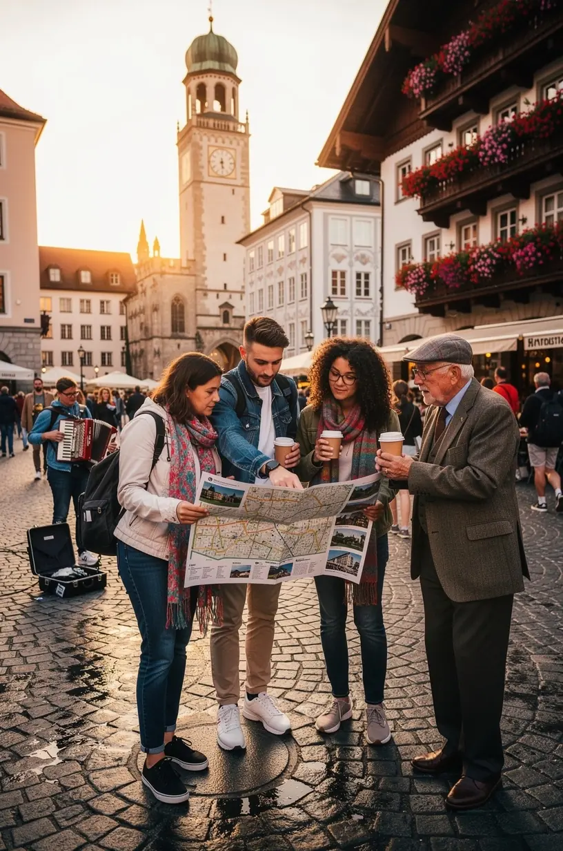 Touristengruppe folgt einem Stadtführer, der Sehenswürdigkeiten in einer deutschen Altstadt erklärt.